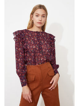 Trendyol - Plum Floral Frill Shoulder Sheer Blouse