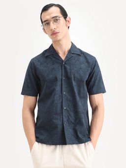 Rare Rabbit - Men Navy Blue Cotton Blend Collar Neck Shirt
