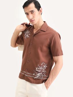Rare Rabbit - Men Brown Cotton Blend Collar Neck Shirt