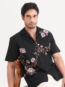 Rare Rabbit - Men Black Cotton Blend Collar Neck Shirt