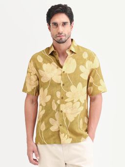 Rare Rabbit - Men Mustard Viscose Collar Neck Shirt