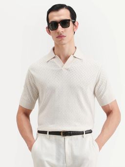 Rare Rabbit - Men Off White Cotton Collar Neck Polo T-Shirt