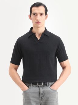 Rare Rabbit - Men Black Cotton Collar Neck Polo T-Shirt
