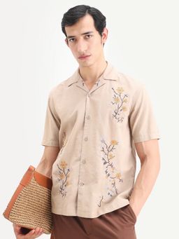 Rare Rabbit - Men Beige Cotton Collar Neck Shirt