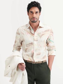 Rare Rabbit - Men Off White Viscose Collar Neck Shirt