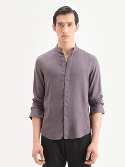 Rare Rabbit - Men Purple Linen Blend Mandarin Neck Shirt