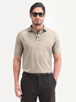 Rare Rabbit - Men Beige Cotton Blend Collar Neck Polo T-Shirt