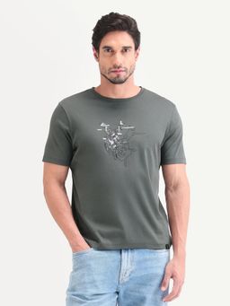 Rare Rabbit - Men Grey Cotton Crew Neck T-Shirt