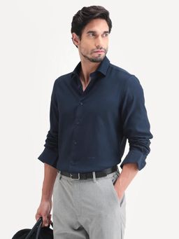 Rare Rabbit - Men Navy Blue Viscose Blend Collar Neck Shirt