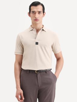Rare Rabbit - Men Beige Cotton Blend Collar Neck Polo T-Shirt