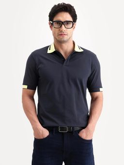 Rare Rabbit - Men Navy Blue Cotton Blend Collar Neck Polo T-Shirt
