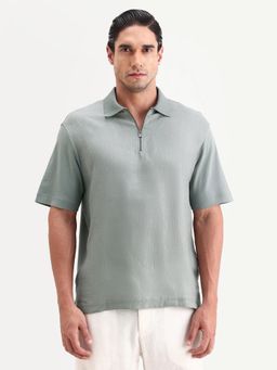 Rare Rabbit - Men Grey Linen Blend Collar Neck Polo T-Shirt