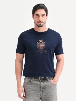 Rare Rabbit - Men Navy Blue Cotton Crew Neck T-Shirt