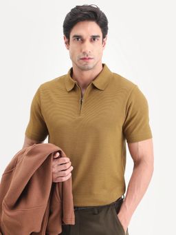 Rare Rabbit - Men Mustard Cotton Blend Collar Neck Polo T-Shirt