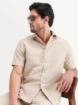 Rare Rabbit - Men Beige Cotton Collar Neck Shirt