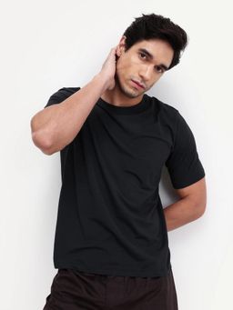 Rare Rabbit - Men Black Cotton Blend Crew Neck T-Shirt