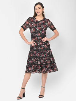 Latin Quarters - Black Polyester Half Sleeve Midi Dress with Ruffles (XS)