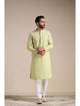 Manyavar - Olive Blended Cotton Embroidery Kurta with Pencil Pajama (Set of 2)