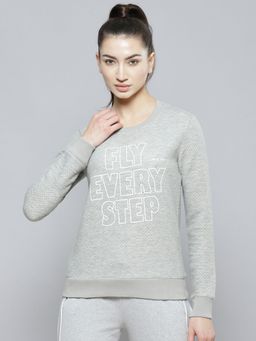 Alcis - Women Grey Melange Typography Printed Textured Applique Sweatshirt