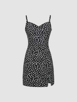 Cider - Spot Cowl Neck Split Mini Dress