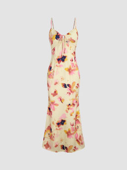 Cider - Satin Floral Knotted V-Neck Maxi Dress