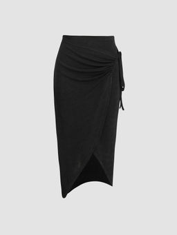 Cider - Solid Drawstring Asymmetrical Hem Knit Maxi Skirt