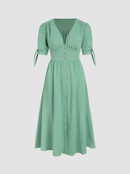 Cider - Solid Button Up Knotted Middle Sleeve Dress