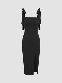 Cider - Solid Square Neck Bowknot Split Midi Dress