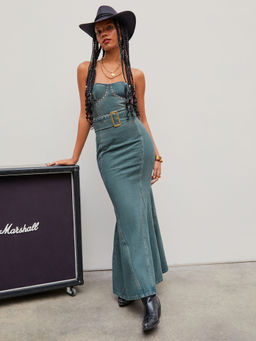 Cider - Denim Strapless Ruffle Maxi Dress (Set of 2)