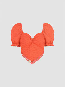 Cider - Solid Sweetheart Puff Sleeve Cut Out Hem Crop Top