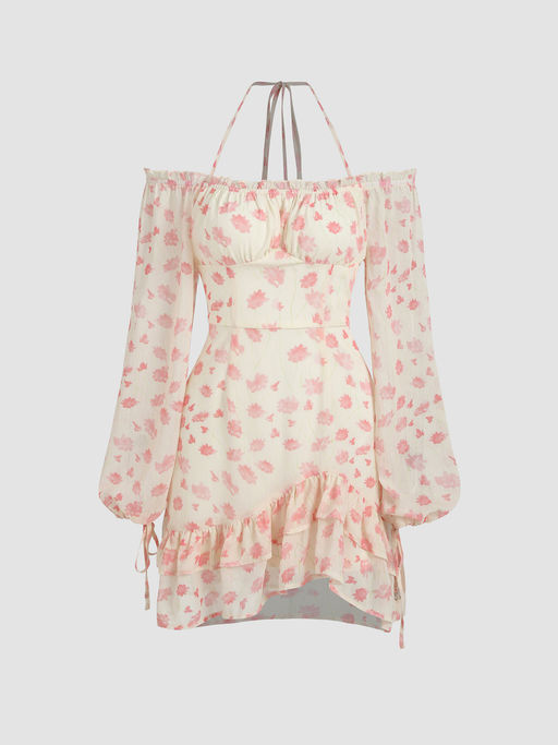 cider floral ruffle halter mini dress Cider Chiffon Halter Neck Ruffled Ruched Mini Dress