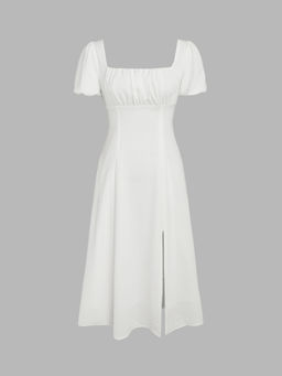 Cider - Solid Puff Sleeve Tie Back Midi Dress