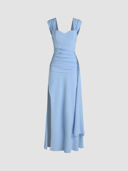 Cider - Satin Sweetheart Ruched Split Maxi Dress