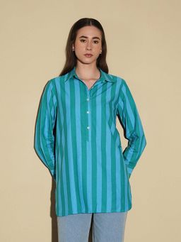 Pink Fort - Cotton Striped Relaxed Fit Full Sleeve Button-Down Collar Teal Women Shirt