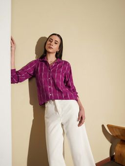 Pink Fort - Cotton Relaxed Fit Ikat Print Full Sleeve Collared Purple Women Shirt