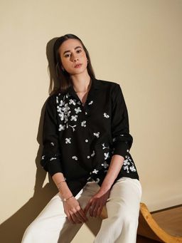 Pink Fort - Cotton Floral Regular Fit Full Sleeve Classic Collar Black Women Shirt