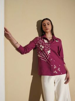 Pink Fort - Cotton Abstract Regular Fit Long Sleeve Collared Burgundy Women Shirt