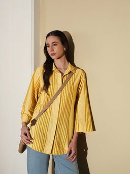 Pink Fort - Cotton Relaxed Fit Striped Three-Quarter Sleeve Collar Neck Yellow Women Shirt