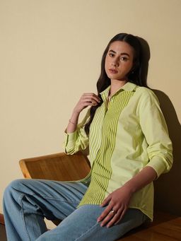Pink Fort - Cotton Striped Relaxed Fit Full Sleeve Collared Yellow Women Shirt