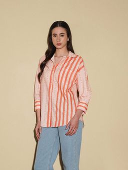 Pink Fort - Cotton Striped Relaxed Fit Full Sleeve Collar Neck Peach Women Shirt