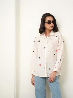 Pink Fort - White Polka Dot Full Sleeves Collared Button Down Shirt