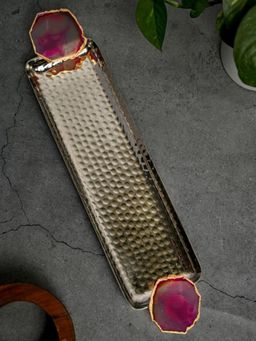 Homearte - Aluminium Tray With Agate Rectangular Shape - Pink