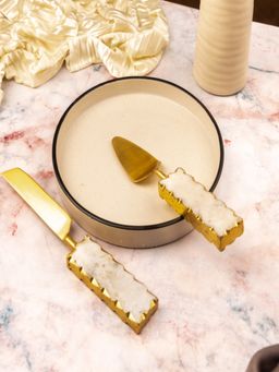 Homearte - Marble With Gold Leafing And Metal Cake Server (Set of 2)