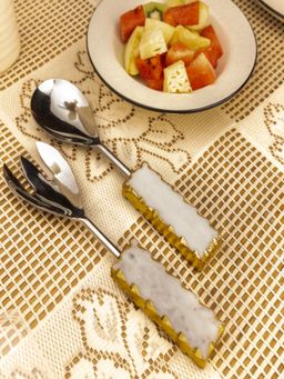 Homearte - White Marble With Gold Leafing Silver Metal Cake Server Set