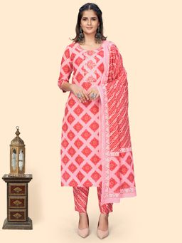 Vbuyz - Women Bandhani Print & Embroidered Straight Pink Kurta Pant with Dupatta (Set of 3)