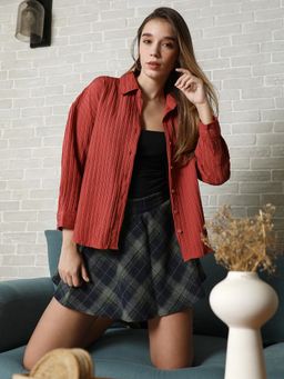 PINACOLADA - Women Sienna Brown Stripe-Tactile Oversized Shirt