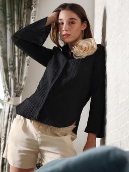 PINACOLADA - Women Onyx Black & Buff Beige Rosalia Stripe-Tactile Shirt