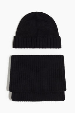 H&M - Men Black 2-Piece Hat And Scarf Set In Merino Wool