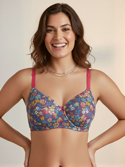 Clovia - Purple Padded Non-Wired Full Coverage Floral Print Multiway T-Shirt Bra