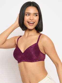 Clovia - Purple Lace Padded Non-Wired Full Coverage Bra
